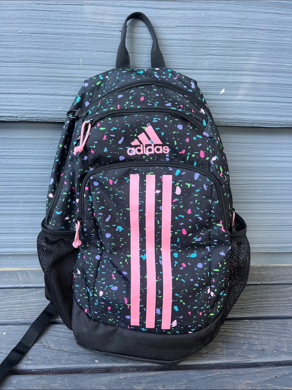 adidas Kids Black Backpack with Pink Stripes and Multicolor Confetti